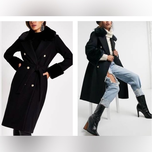 River Island Black Villanelle Coat Long w/ Faux Fur & Detachable Collar - Picture 3 of 13